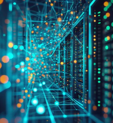 An abstract image of a Data Center with particles flying out of the main frame